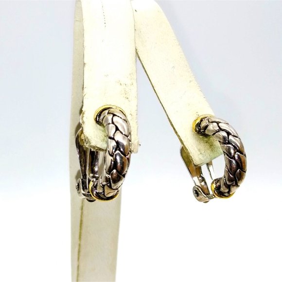 Vintage Silver Tone Hoop Earrings with Overlapping Dragon Scales Design, Clip On - Picture 1 of 5